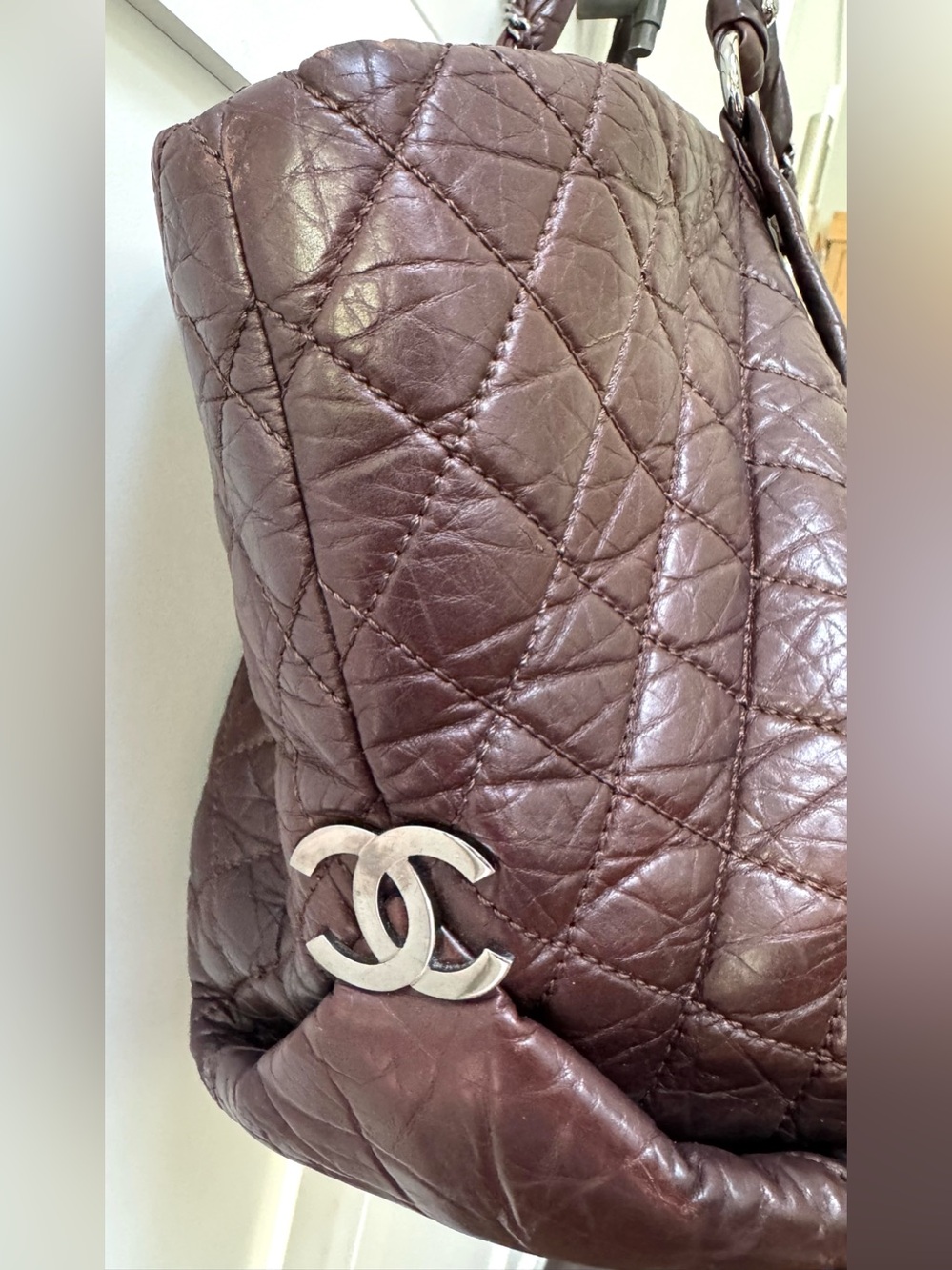 CHANEL Vintage Quilted Leather XL Tote Deep Plum Slouchy Shoulder Bag - Picture 6 of 14